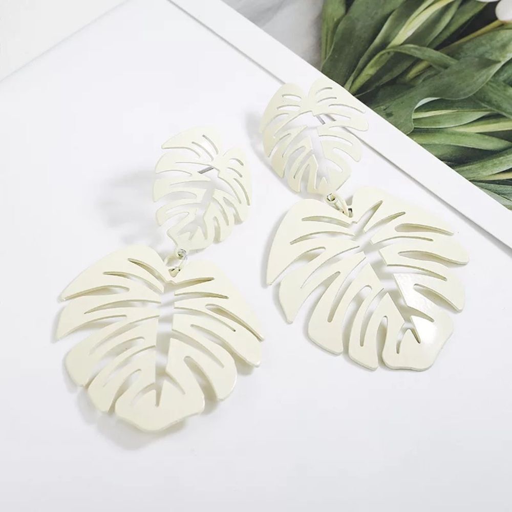 White Leaf Palm Drop Earrings